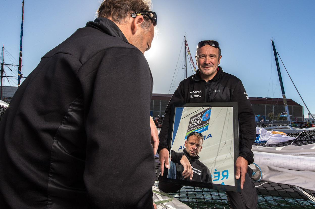 Multi 50 Arkema-Region Aquitaine / Lalou Roucayrol - Mayeul Riffet portrait in a mirror prior to the Transat Jacques Vabre start in Le Havre (North France)